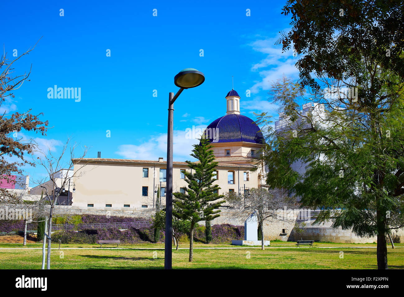 Valencia Turia river park with San Pio V museum dome in background at Spain Stock Photo