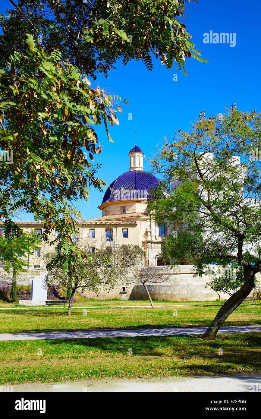 Valencia Turia river park with San Pio V museum dome in background at Spain Stock Photo