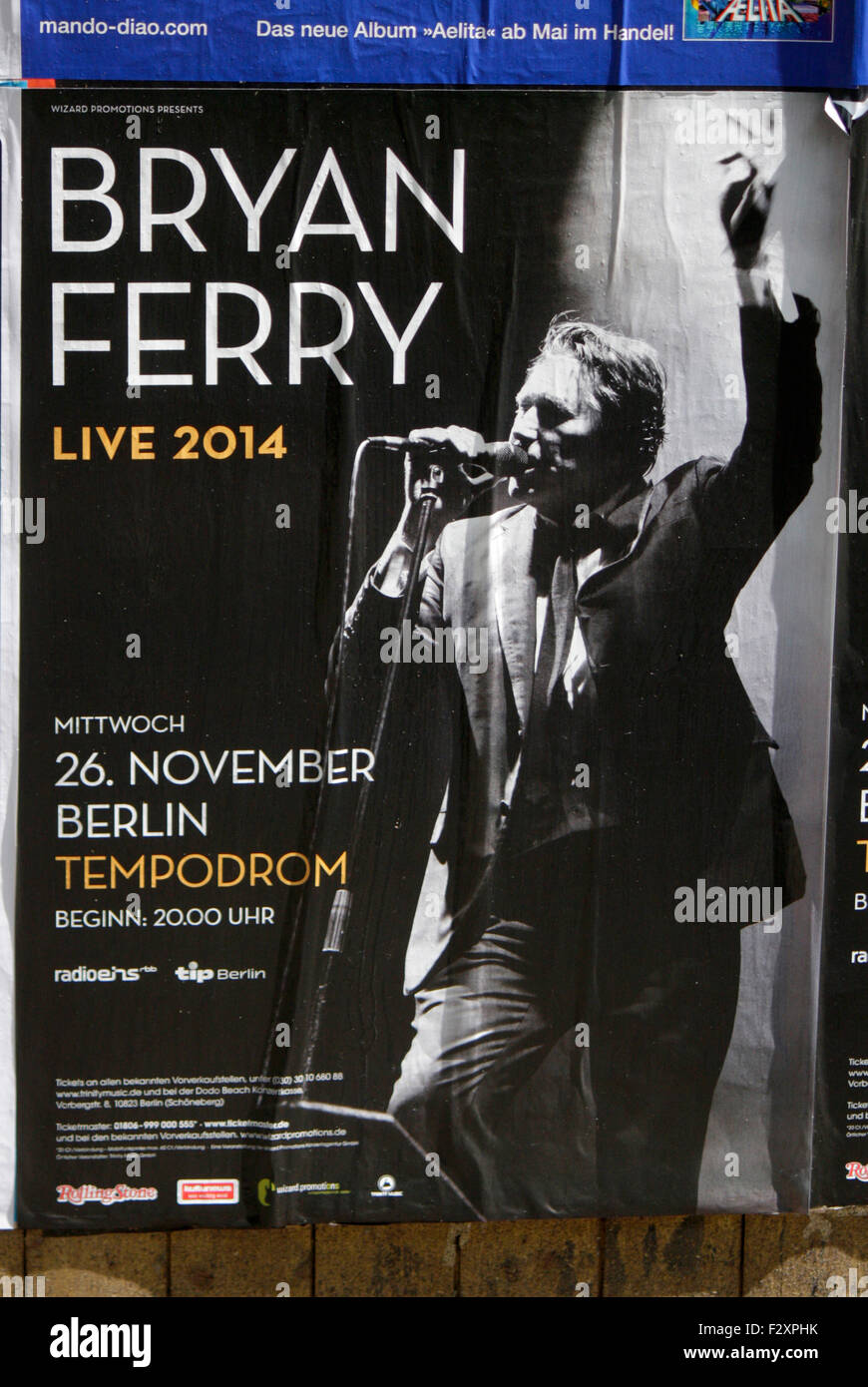 Plakat als Ankuendigung fuer ein Konzert von 'Bryan Ferry', Berlin. Stock Photo