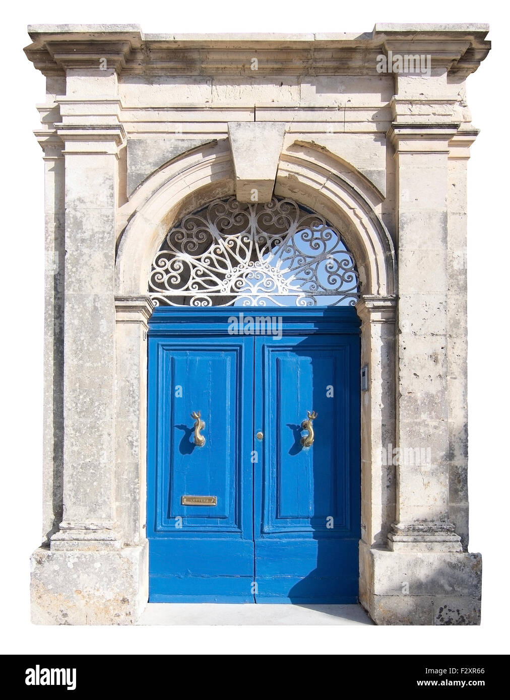 Blue door with white iron lace. Painted doors of Malta series. Stock Photo