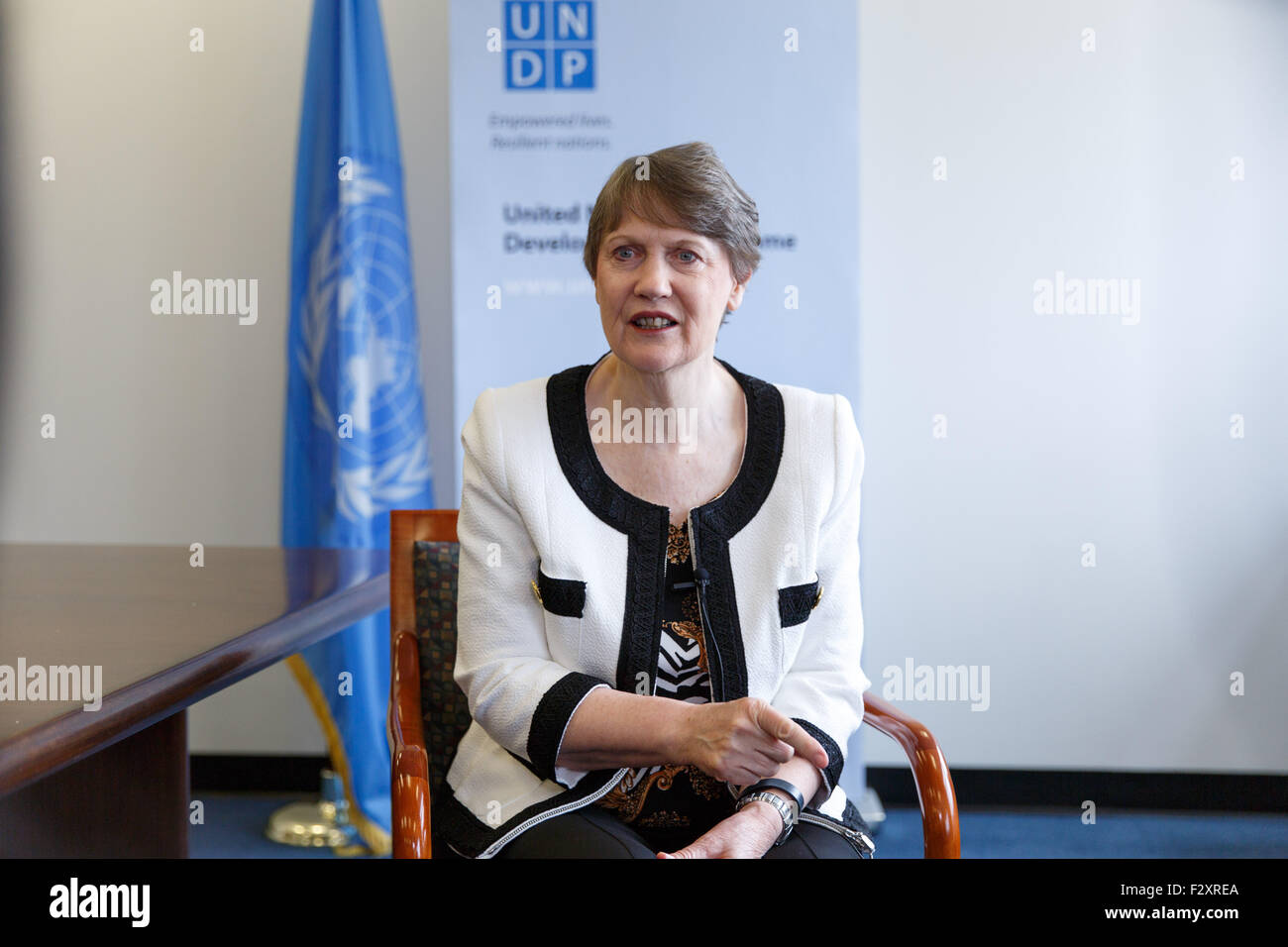 (150925) -- NEW YORK, Sept. 25, 2015 (Xinhua) -- Administrator of UN Development Program Helen Clark speaks during an interview with Xinhua at the UNDP headquarters in New York, the United States, Sept. 22, 2015. Thanks to China's own rapid development and its significant contribution to South-South cooperation, China has such a big role to play in UN affairs and the role will get bigger, said Helen Clark, administrator of UN Development Program. On Chinese President Xi Jinping's visit to the UN, Clark said 'it is wonderful to have the president of the People's Republic of China come to the UN Stock Photo