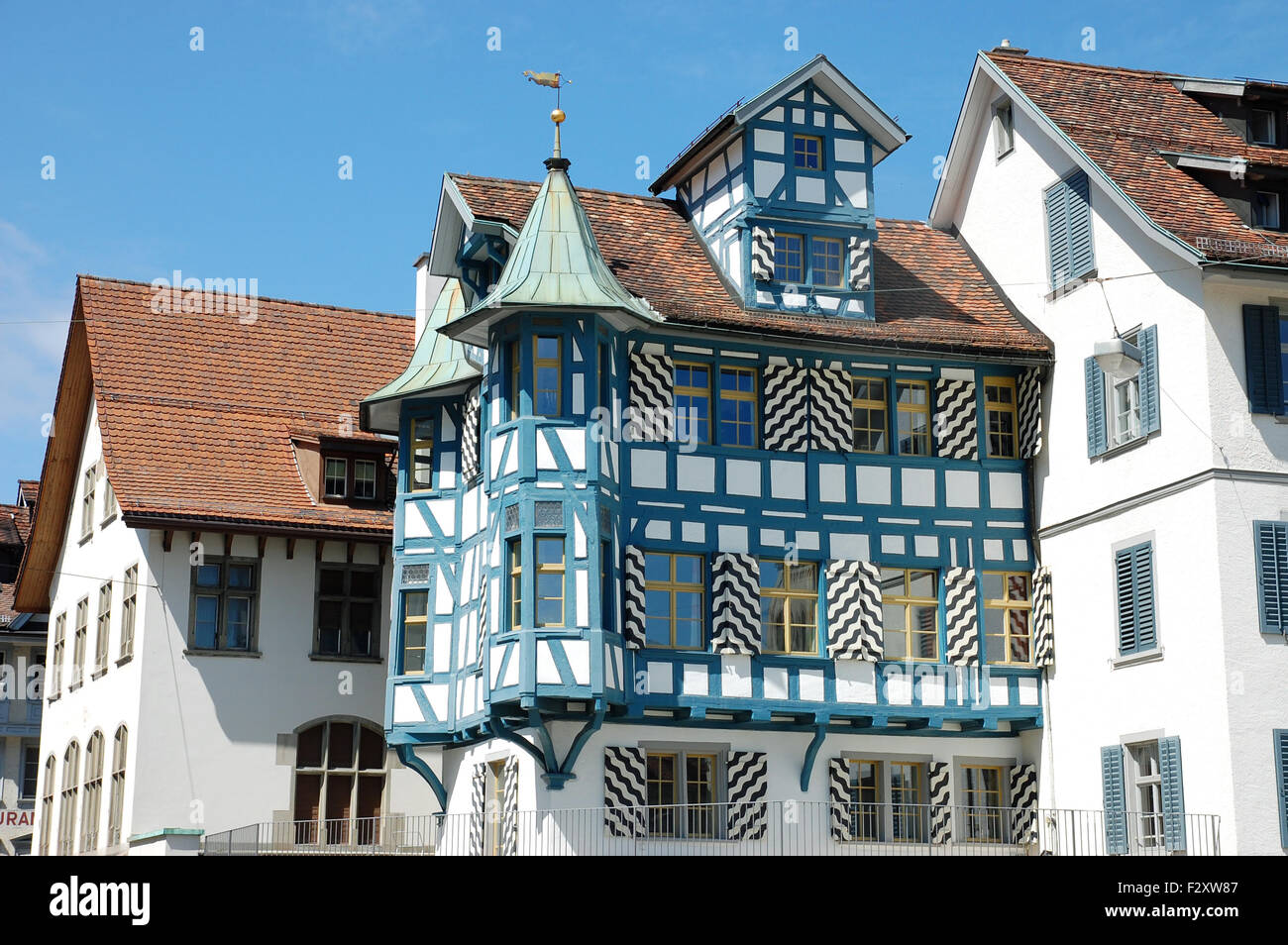 A blue and white half timber or Fachwerkhaus in Gallusstrasse, Sankt Gallen. Stock Photo