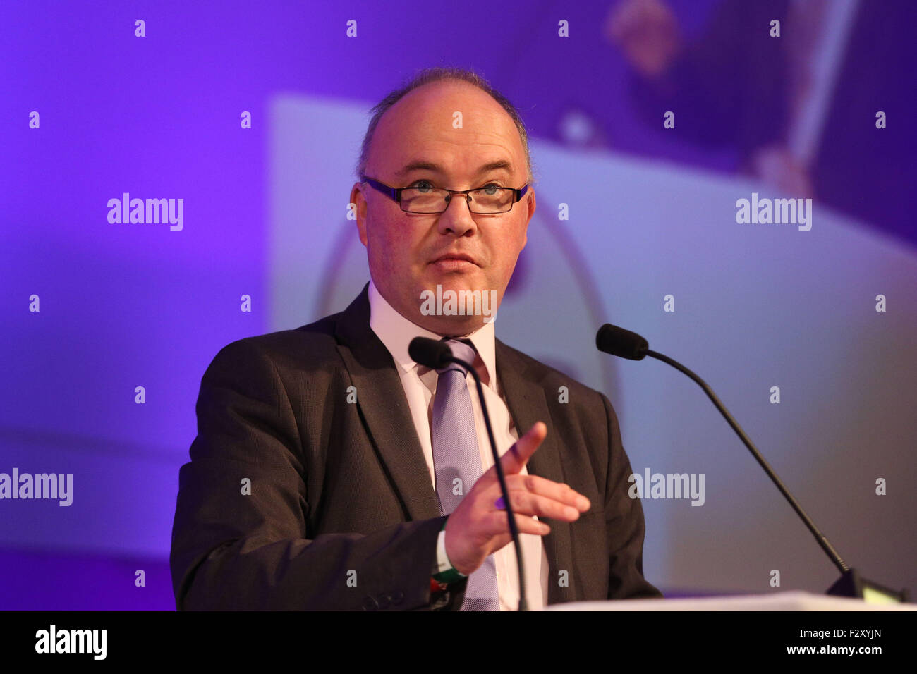Doncaster, South Yorkshire, UK. 25th September, 2015. Andrew Allison, Head of Campaigns at the Freedom Association, speaks at the UKIP National Conference in Doncaster South Yorkshire, UK. 25th September 2015. The party's annual conference was the stage for the unveiling of a new campaign force called 'Leave EU'. Consisting of pressure groups and think tanks with thousands of activists between them it will aim to end the UK’s ties with Brussels.  Ian Hinchliffe / /Alamy Live News Stock Photo
