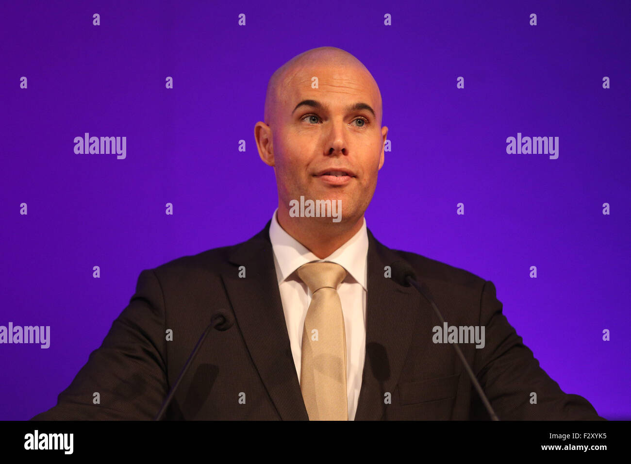 Doncaster, South Yorkshire, UK. 25th September, 2015. Jeremy Van Klaveren, Dutch MP as a member of the Party for Freedom, speaks at the UKIP National Conference in Doncaster South Yorkshire, UK. 25th September 2015. The party's annual conference was the stage for the unveiling of a new campaign force called 'Leave EU'. Consisting of pressure groups and think tanks with thousands of activists between them it will aim to end the UK’s ties with Brussels.  Ian Hinchliffe / /Alamy Live News Stock Photo