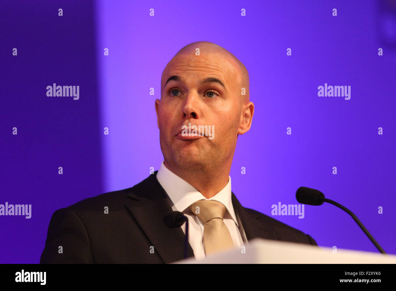 Doncaster, South Yorkshire, UK. 25th September, 2015. Jeremy Van Klaveren, Dutch MP as a member of the Party for Freedom, speaks at the UKIP National Conference in Doncaster South Yorkshire, UK. 25th September 2015. The party's annual conference was the stage for the unveiling of a new campaign force called 'Leave EU'. Consisting of pressure groups and think tanks with thousands of activists between them it will aim to end the UK’s ties with Brussels.  Ian Hinchliffe / /Alamy Live News Stock Photo