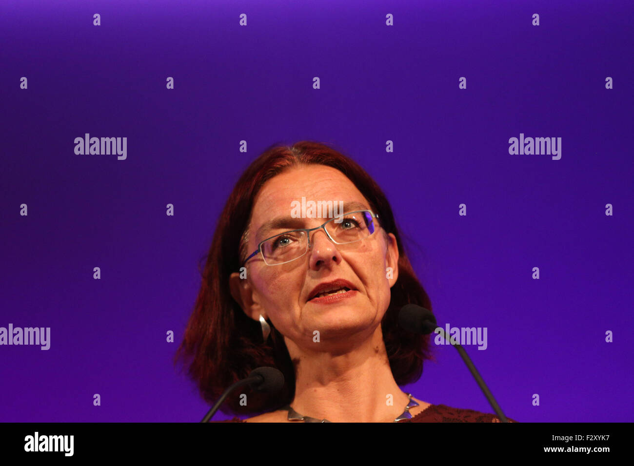 Doncaster, South Yorkshire, UK. 25th September, 2015. Helle Hagenau speaks at the UKIP National Conference in Doncaster South Yorkshire, UK. 25th September 2015. The party's annual conference was the stage for the unveiling of a new campaign force called 'Leave EU'. Consisting of pressure groups and think tanks with thousands of activists between them it will aim to end the UK’s ties with Brussels.  Ian Hinchliffe / /Alamy Live News Stock Photo