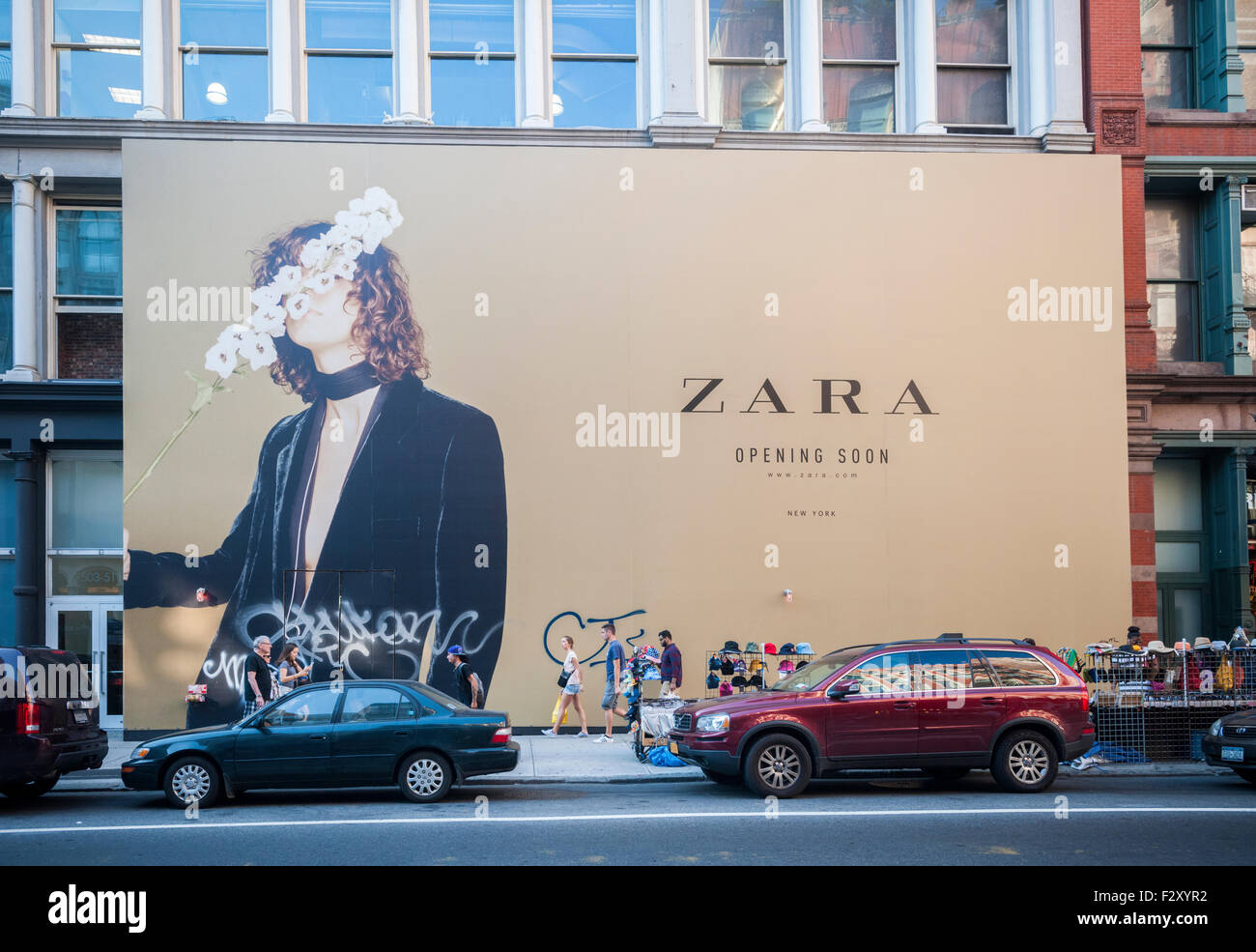 A billboard on a construction shed on Broadway in New York announces the  imminent arrival of a Zara clothing store, seen on Saturday, September 19,  2015. The chain is owned by Spanish
