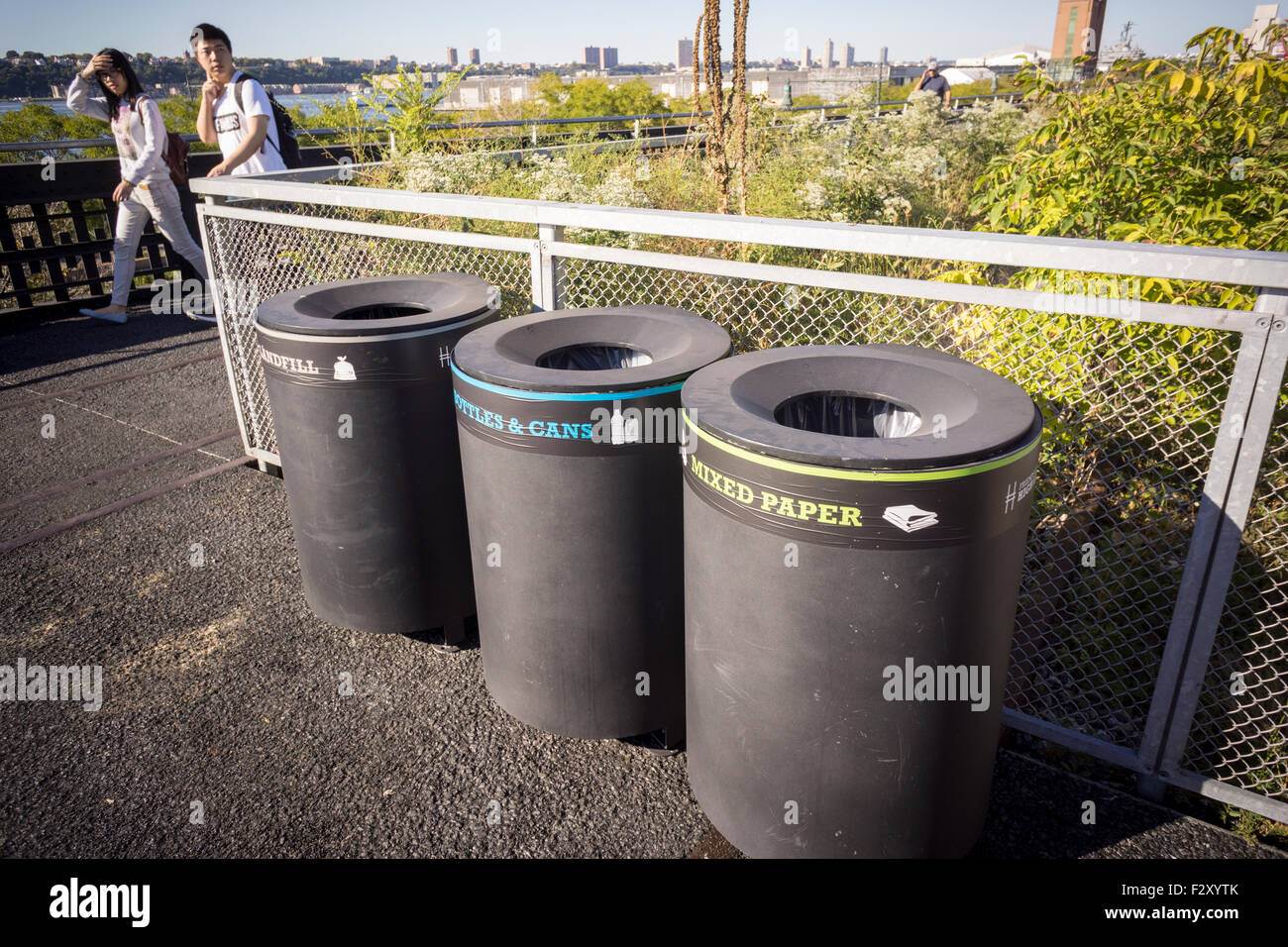 Labeled recycling bins are seen on the third phase of the high Line