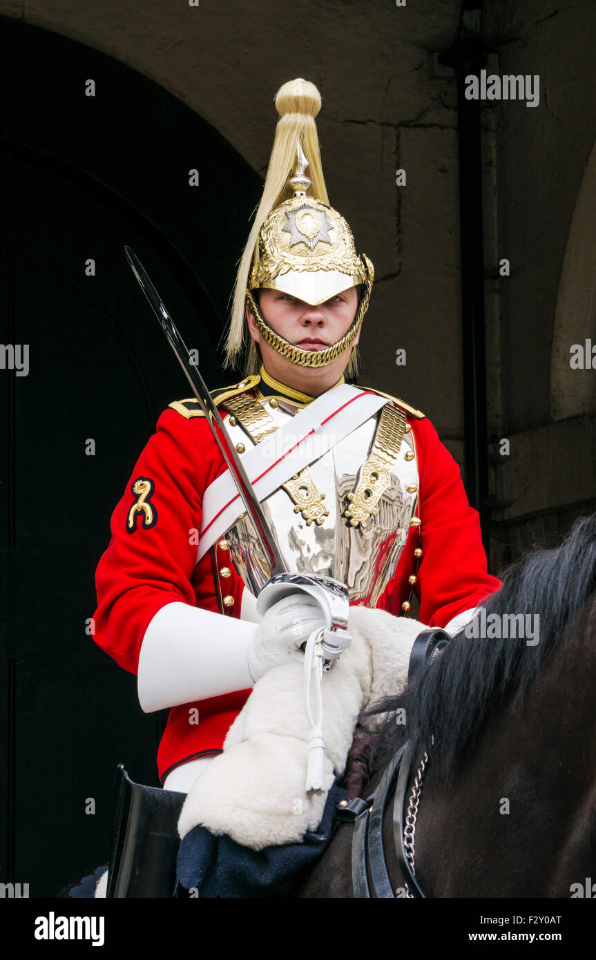 Mounted guard from the household cavalry outside The Household Cavalry Museum Horse Guards Parade Whitehall, London England UK Stock Photo