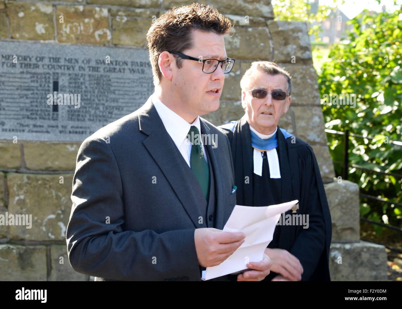 Swinton, UK. 25th Sep, 2015. Kevin Laidlaw, Great Grandson of Piper Laidlaw.  The Laying of the Commerative VC Stone in the small Scottish Border village of Swinton to mark the 100th Anniversary of the award of the Victoria Cross to Piper Daniel Laidlaw for his actions whilst serving with the 7th Battalion of the King's Own Scottish Borderers.   Daniel Logan Laidlaw was born at Little Swinton, Berwickshire on 26 July 1875 and joined the Army in 1896. He served with the Durham Light Infantry in India where he received a certificate for his work during a plague outbreak in Bombay in 1898. Stock Photo
