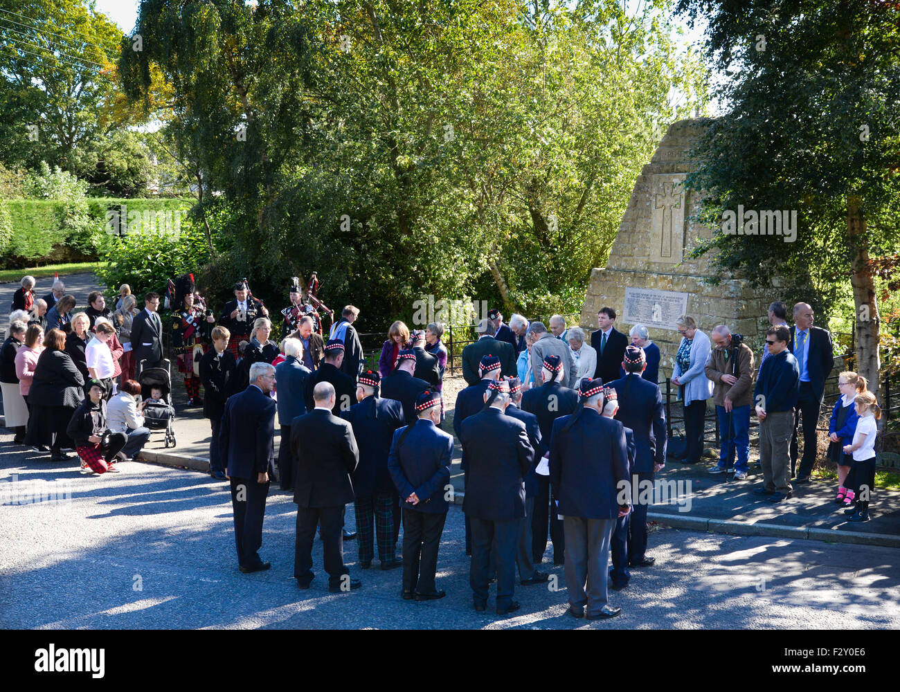 Swinton, UK. 25th Sep, 2015. The Laying of the Commemorative Victoria Cross  Stone in the small Scottish Border village of Swinton to mark the 100th Anniversary of the award of the Victoria Cross to Piper Daniel Laidlaw for his actions whilst serving with the 7th Battalion of the King's Own Scottish Borderers.   Daniel Logan Laidlaw was born at Little Swinton, Berwickshire on 26 July 1875 and joined the Army in 1896. He served with the Durham Light Infantry in India where he received a certificate for his work during a plague outbreak in Bombay in 1898. Stock Photo