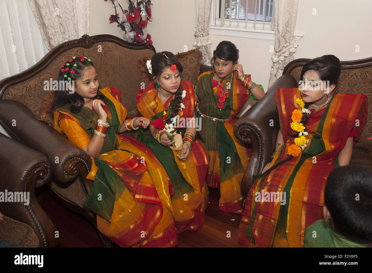 Young girls dressed for a wedding of a family member, Bangladeshi community, Brooklyn, NY. Stock Photo