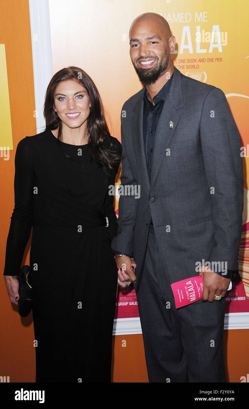 New York, NY, USA. 24th Sep, 2015. Hope Solo, Jerramy Stevens at arrivals for HE NAMED ME MALALA Premiere, Ziegfeld Theatre, New York, NY September 24, 2015. © Kristin Callahan/Everett Collection/Alamy Live News Stock Photo