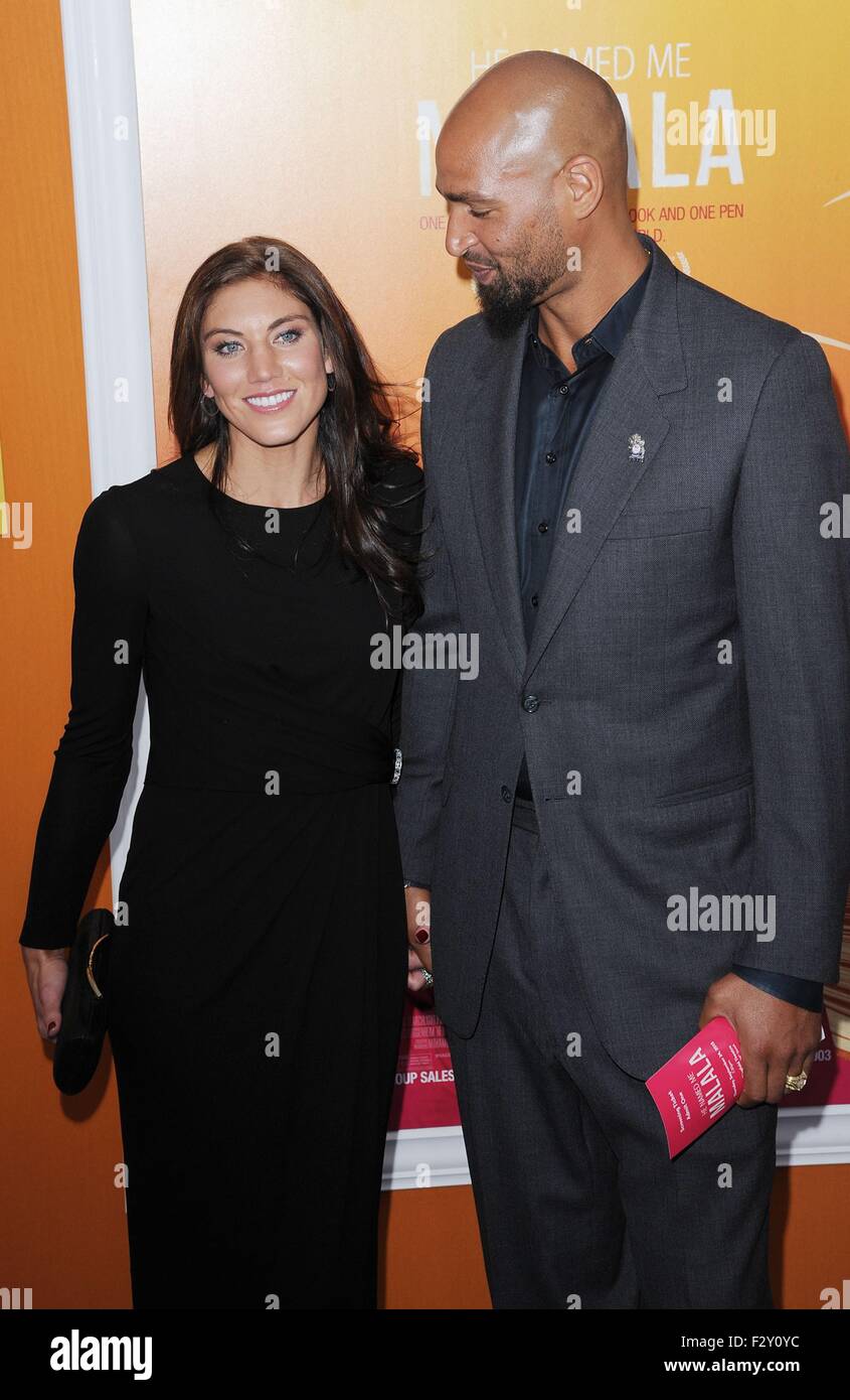 New York, NY, USA. 24th Sep, 2015. Hope Solo, Jerramy Stevens at arrivals for HE NAMED ME MALALA Premiere, Ziegfeld Theatre, New York, NY September 24, 2015. © Kristin Callahan/Everett Collection/Alamy Live News Stock Photo