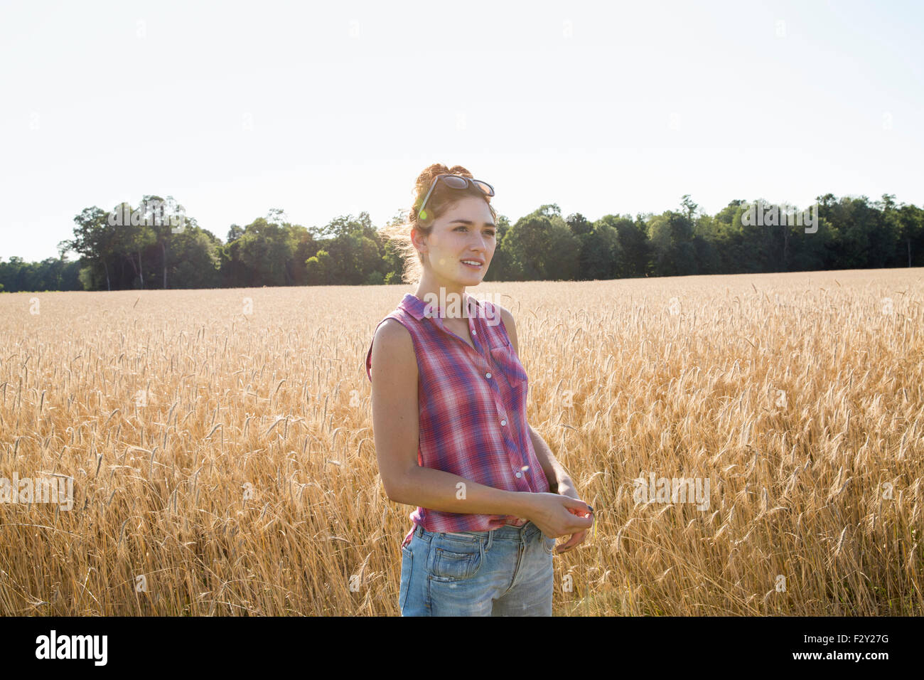Young woman wearing a checkered shirt standing in a cornfield. Stock Photo