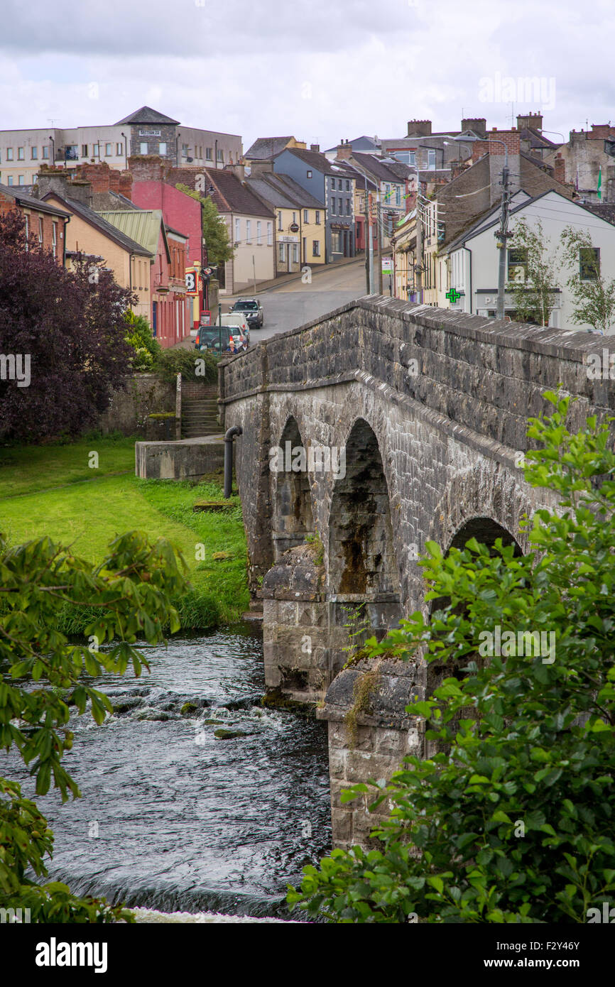 Kilconney Bridge over River Erne and town of Belturbet, County Cavan, Republic of Ireland Stock Photo