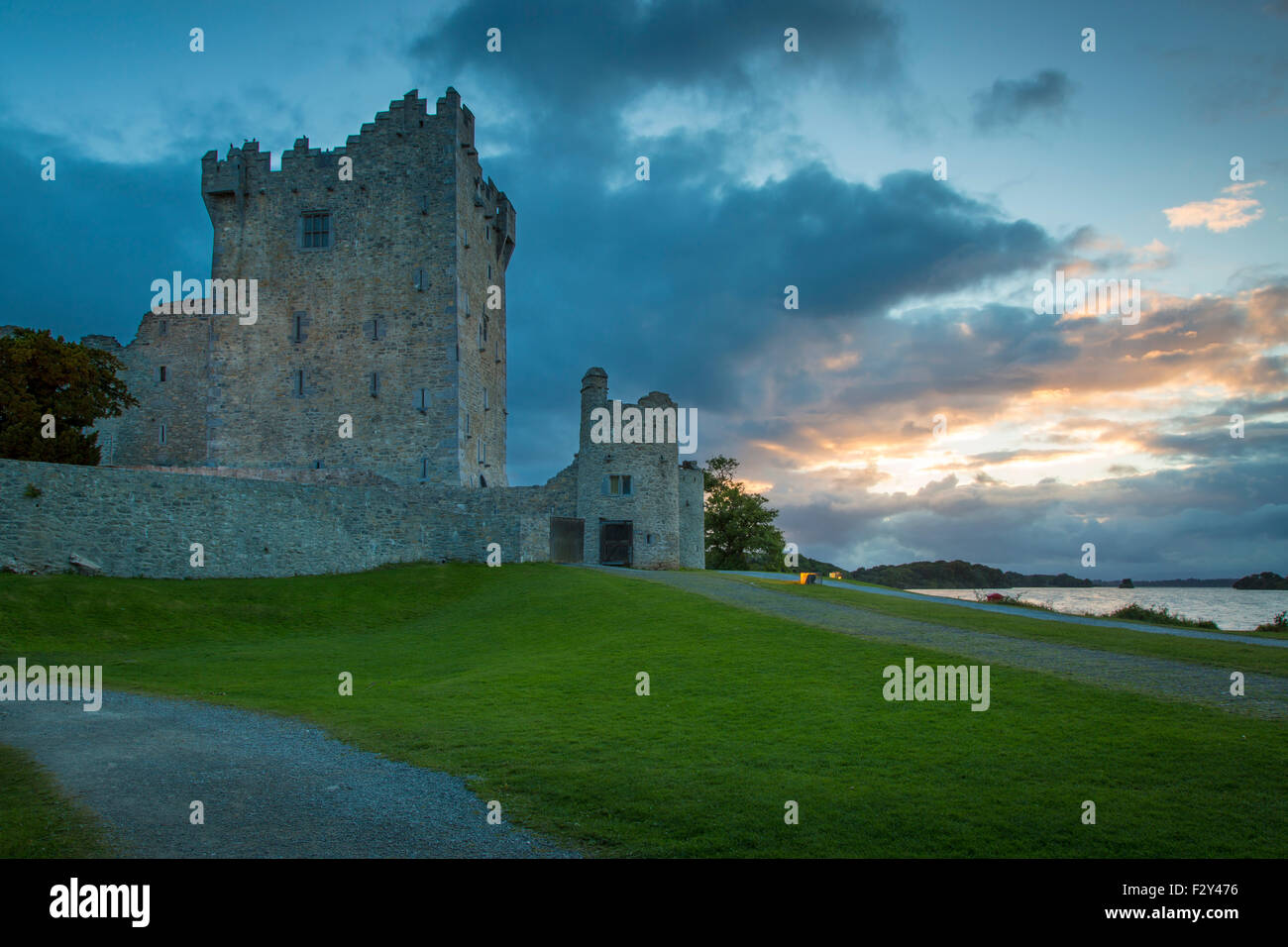 Twilight over Ross Castle along Lough Leane, Killarney National Park, County Kerry, Republic of Ireland Stock Photo