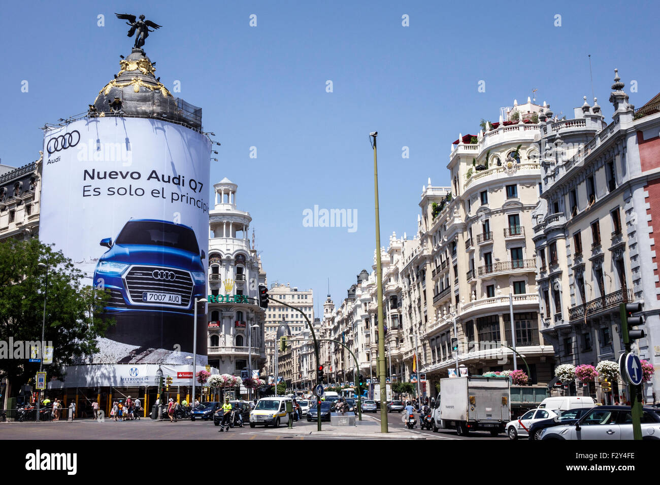 Madrid Spain,Hispanic Centro,Calle de Alcala,Gran Via,Metropolis building,exterior,ad Audi,billboard,traffic,Spain150701039 Stock Photo