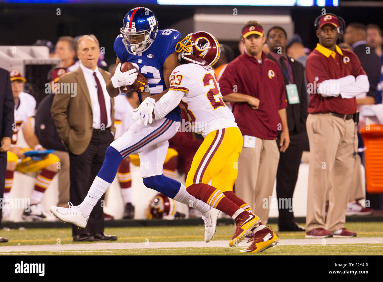 September 24, 2015, New York Giants wide receiver Rueben Randle (82)in action against Washington Redskins cornerback DeAngelo Hall (23) during the NFL game between the Washington Redskins and the New York Giants at MetLife Stadium in East Rutherford, New Jersey. The New York Giants won 32-21. Christopher Szagola/CSM Stock Photo