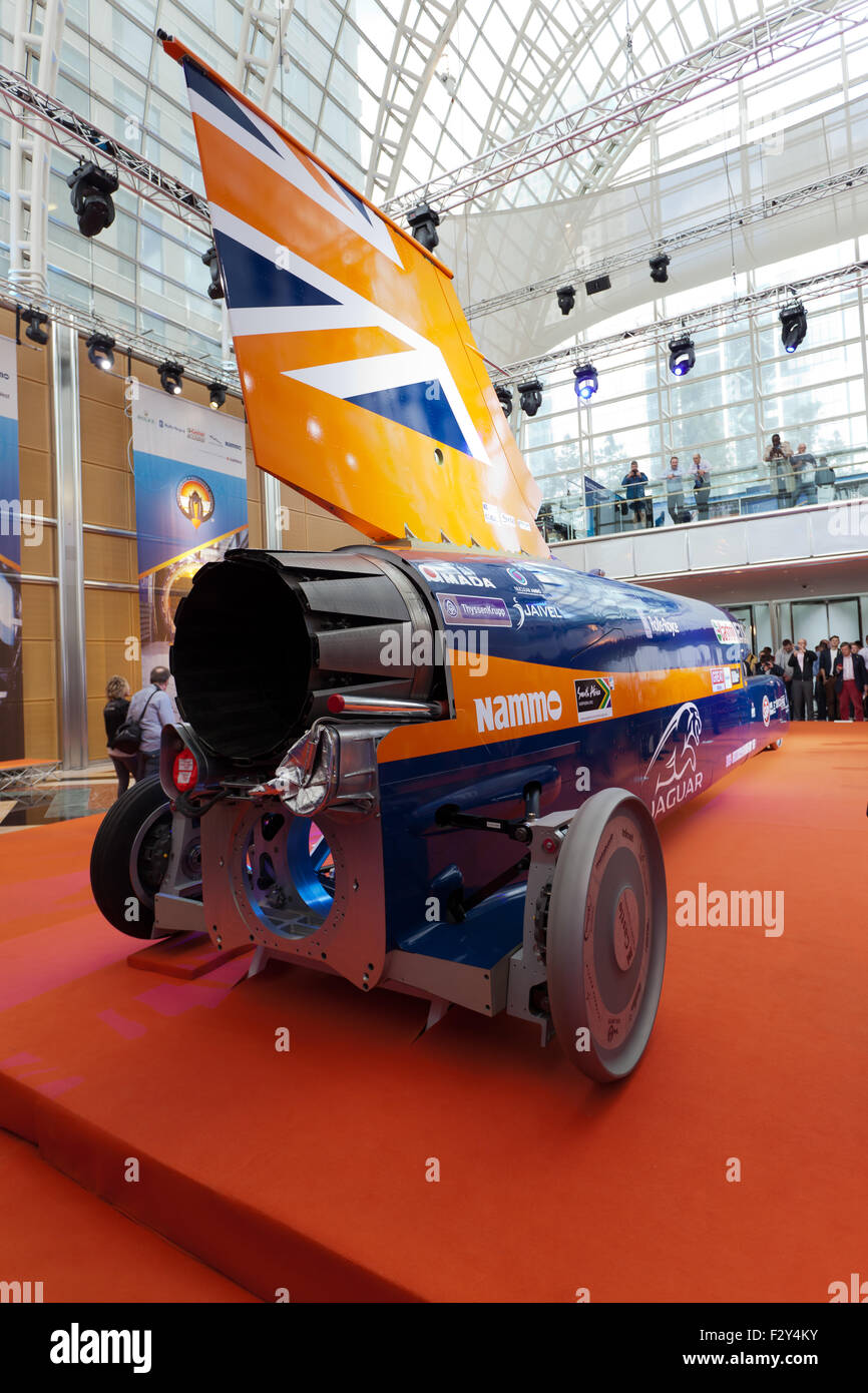 Rear view of the Bloodhound Supersonic Car, showing its Rolls-Royce EJ200 jet engine Stock Photo