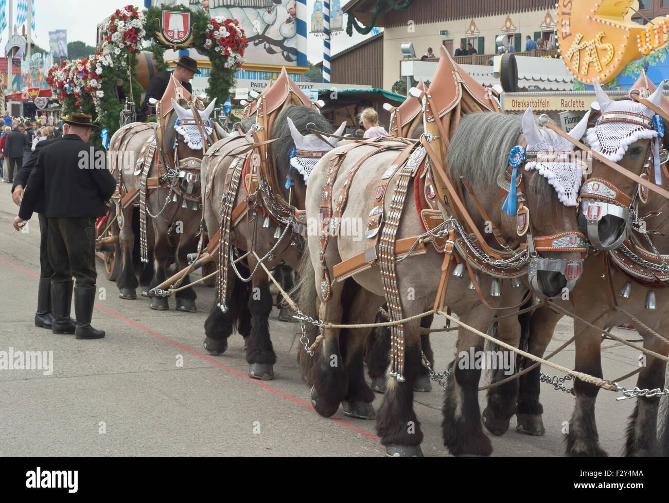 MUNICH, GERMANY – SEPT. 20, 2015: Spatenbrau Beer Carriage Entertaining Crowds at the annual Okotoberfest. The Festival runs from September 19th until October 4th 2015 in Munich, Germany. Stock Photo
