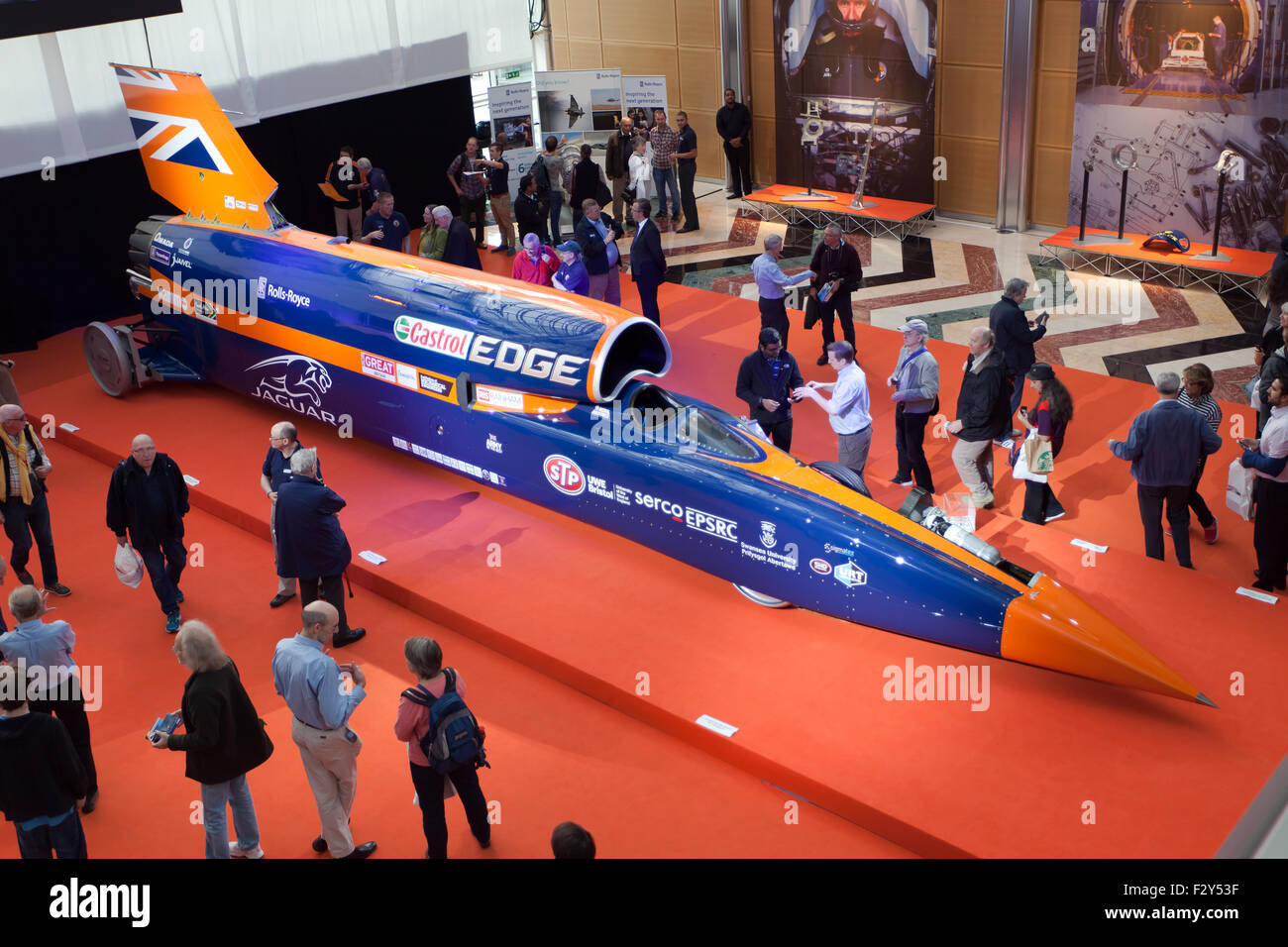 Wide-angle Arial view of the Bloodhound  Supersonic car, at is first public appearance, at Canary Wharf, London. Stock Photo