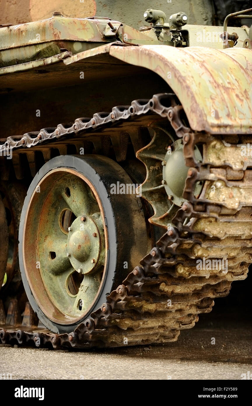 Detail shot with old tank tracks and wheels Stock Photo