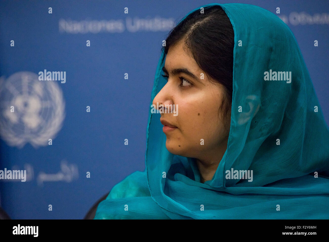 New York, United States. 22nd Sep, 2015. Malala Yousafzai, accompanied by four other young women, spoke at a press conference at the United Nations, emphasizing the need to expand educational opportunities in Pakistan. © Albin Lohr-Jones/Pacific Press/Alamy Live News Stock Photo