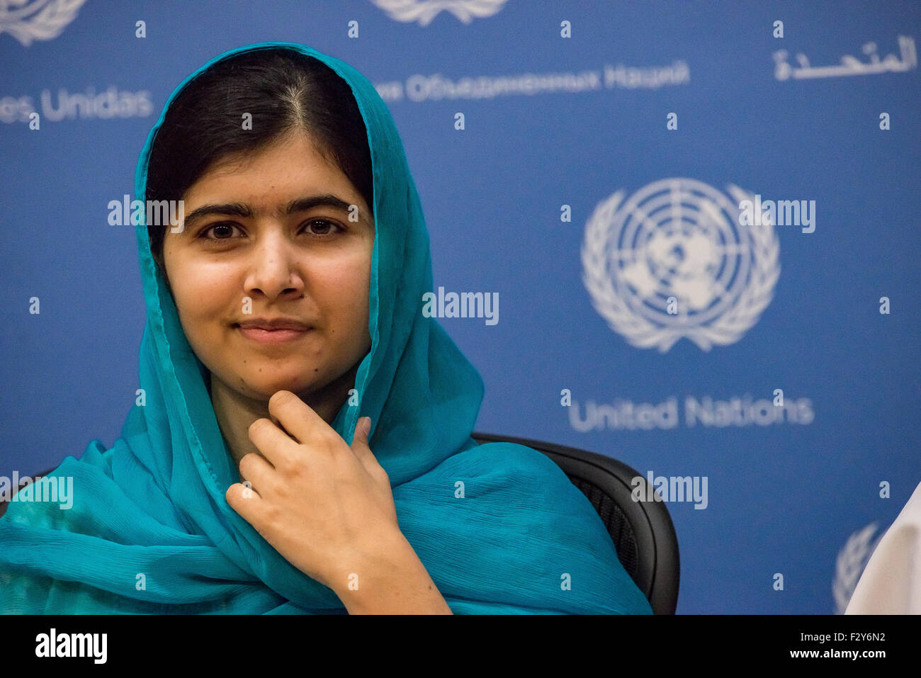 New York, United States. 22nd Sep, 2015. Malala Yousafzai, accompanied by four other young women, spoke at a press conference at the United Nations, emphasizing the need to expand educational opportunities in Pakistan. © Albin Lohr-Jones/Pacific Press/Alamy Live News Stock Photo
