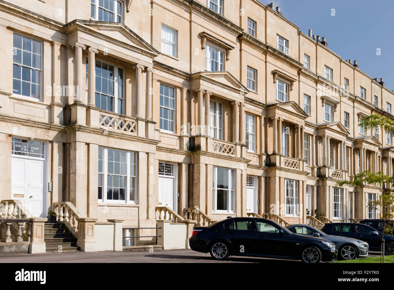 Evelyn Court, Malvern Road, Cheltenham, a beautiful Georgian terrace decorated with classical columns and pediments. Stock Photo
