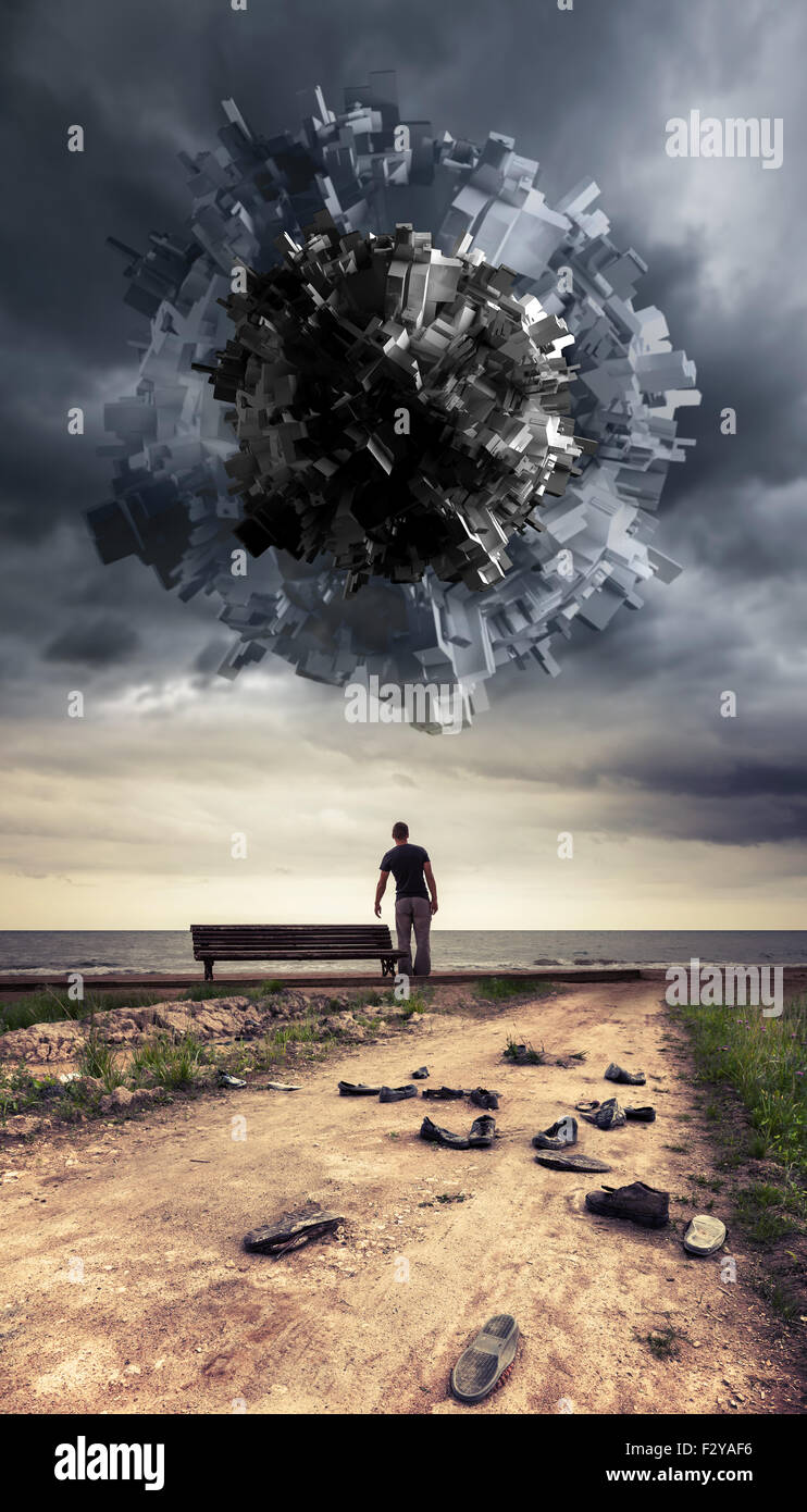 Science fiction illustration with man starring at the big abstract spaceship Stock Photo