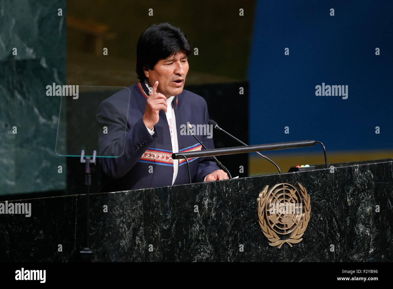 New York, USA. 25th Sep, 2015. Bolivian President Evo Morales addresses the Sustainable Development Summit at the UN headquarters in New York, Sept. 25, 2015. A momentous sustainable development agenda, which charts a new era of sustainable development until 2030, was adopted on Friday by 193 UN member states at the UN Sustainable Development Summit at the UN headquarters in New York. Credit:  Li Muzi/Xinhua/Alamy Live News Stock Photo