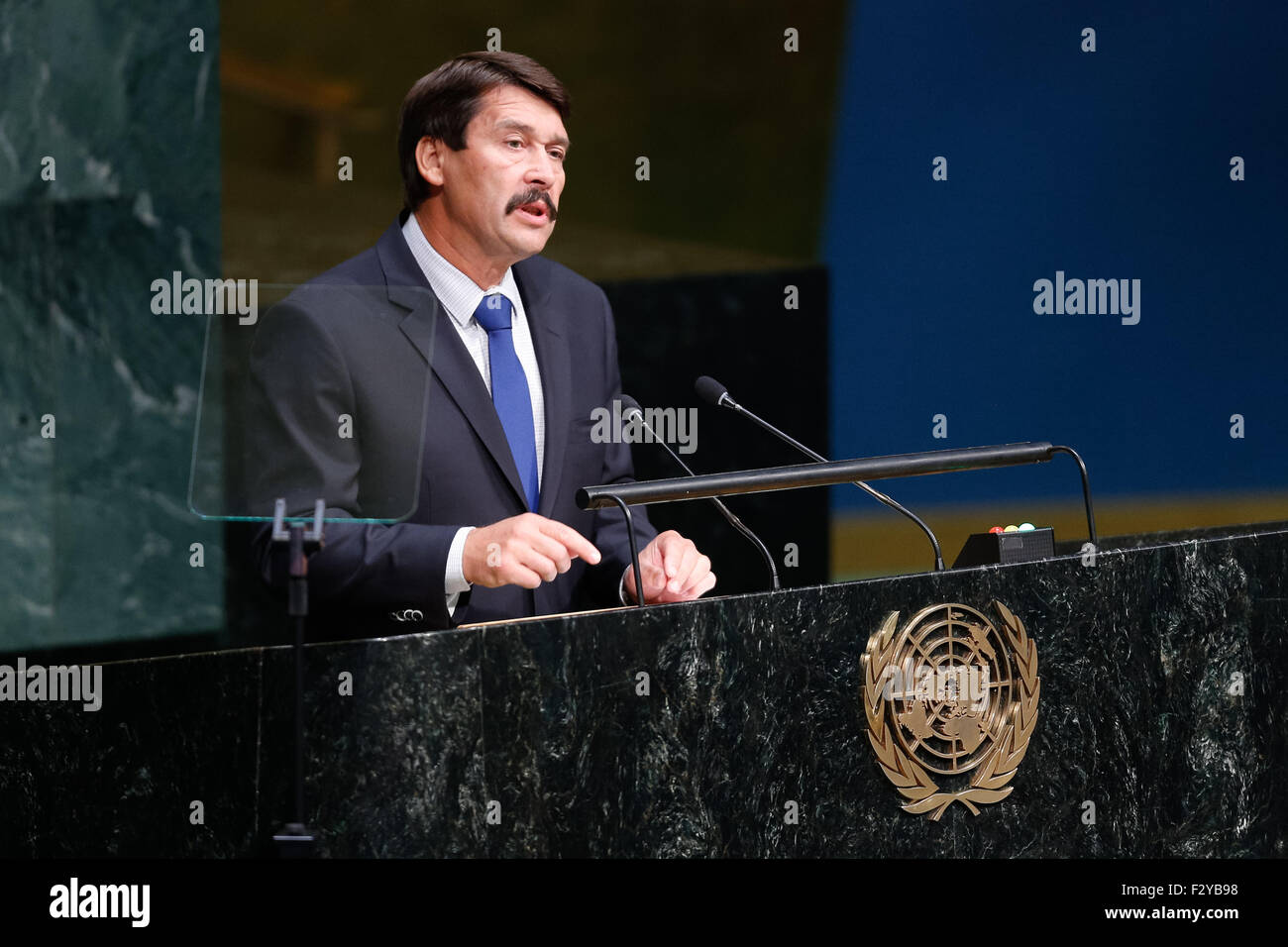 New York, USA. 25th Sep, 2015. Hungarian President Janos Ader addresses the Sustainable Development Summit at the UN headquarters in New York, Sept. 25, 2015. A momentous sustainable development agenda, which charts a new era of sustainable development until 2030, was adopted on Friday by 193 UN member states at the UN Sustainable Development Summit at the UN headquarters in New York. Credit:  Li Muzi/Xinhua/Alamy Live News Stock Photo