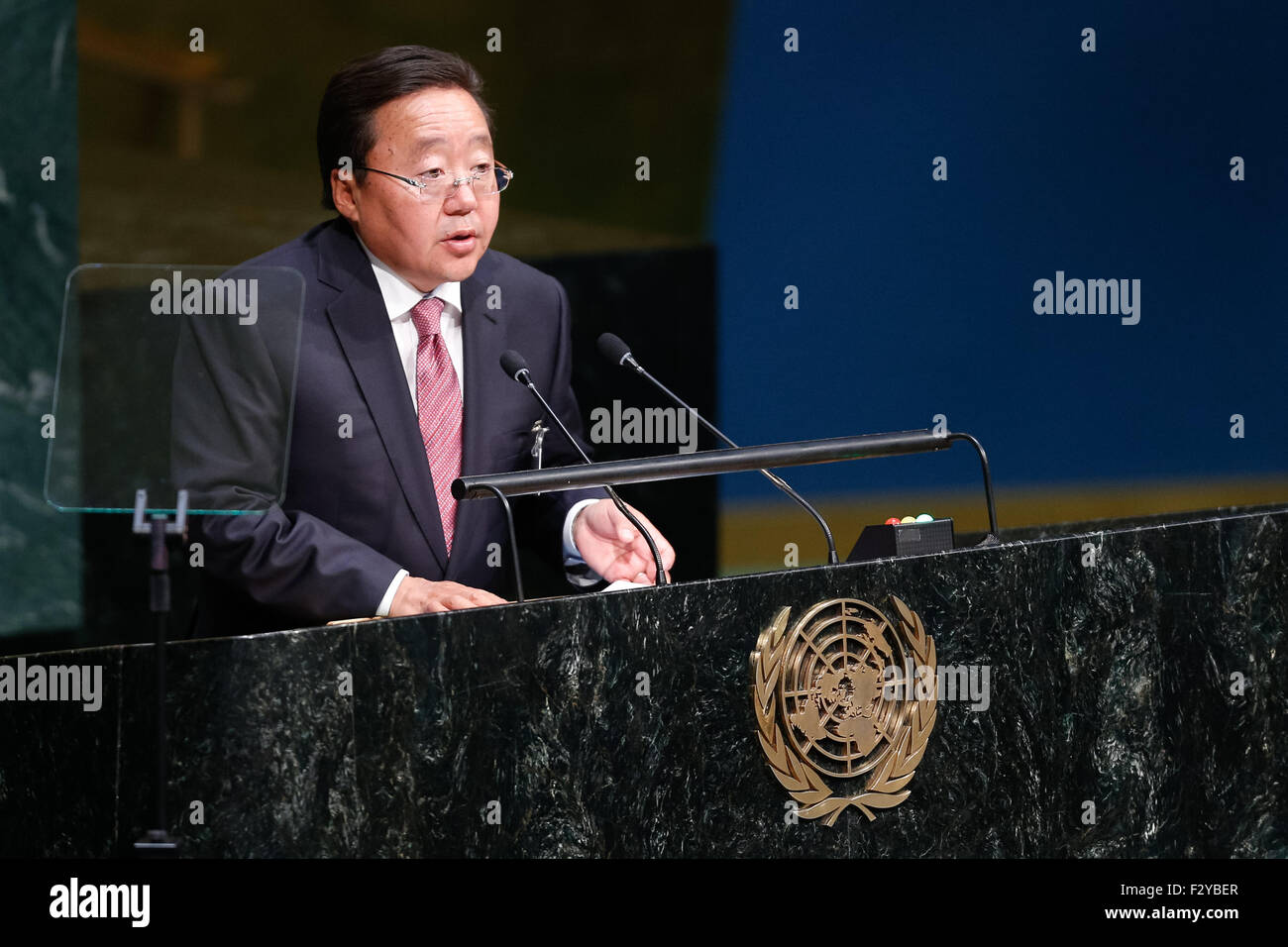 New York, USA. 25th Sep, 2015. Mongolian President Elbegdorj Tsakhia addresses the Sustainable Development Summit at the UN headquarters in New York, Sept. 25, 2015. A momentous sustainable development agenda, which charts a new era of sustainable development until 2030, was adopted on Friday by 193 UN member states at the UN Sustainable Development Summit at the UN headquarters in New York. Credit:  Li Muzi/Xinhua/Alamy Live News Stock Photo