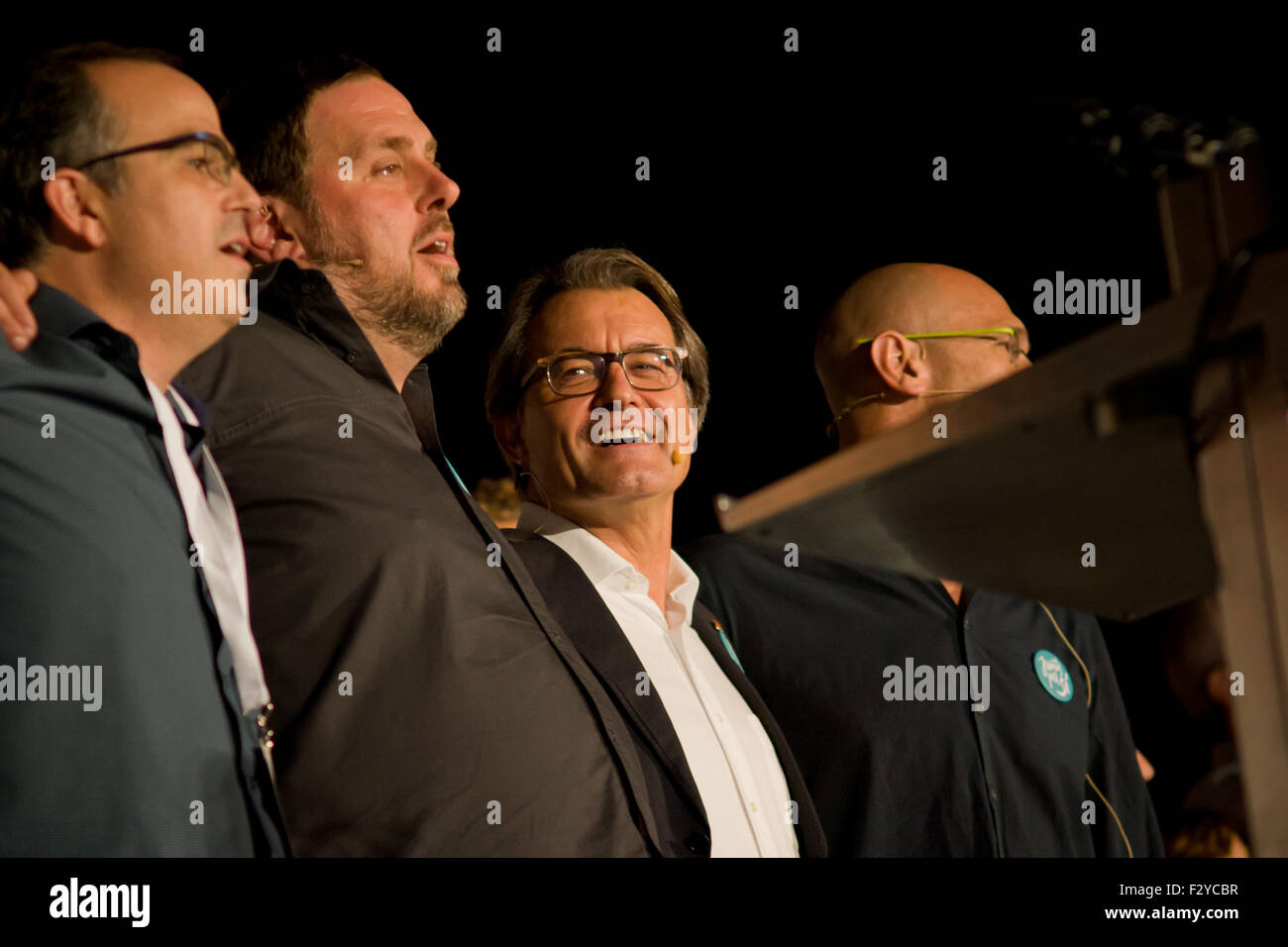Barcelona, Catalonia, Spain. 25th Sep, 2015. ORIOL JUNQUERAS (second left) and Catalan President ARTUR MAS (center) are seen during the final campaign rally of 'Junts pel Si' (Together for Yes) in Barcelona on 25 September, 2015. Next Sunday will be held regional elections in Catalonia. Polls indicate independence parties could obtain an absolute majority. Credit:  Jordi Boixareu/ZUMA Wire/Alamy Live News Stock Photo