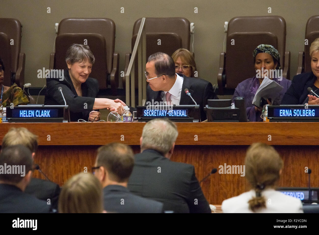 New York, United States. 25th Sep, 2015. Secretary-General Ban Ki-moon and Helen Clark during the special UNDP summit meeting, on the same day that the United Nations General Assembly, unanimously approved the Sustainable Development Goals. Credit:  Albin Lohr-Jones/Pacific Press/Alamy Live News Stock Photo