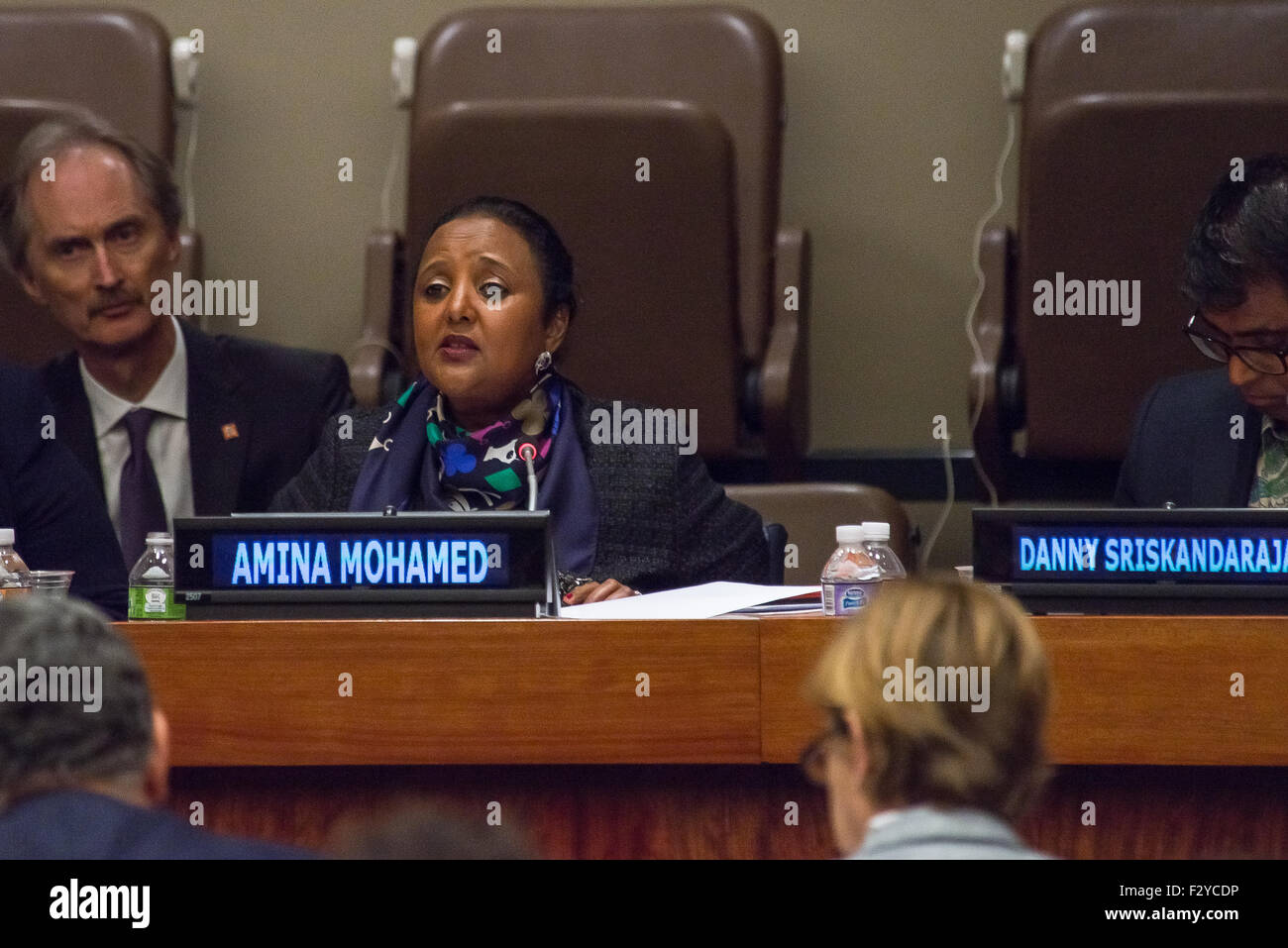 New York, United States. 25th Sep, 2015. Amina Mohamed giving remarks during the special UNDP summit meeting, on the same day that the United Nations General Assembly, unanimously approved the Sustainable Development Goals. Credit:  Albin Lohr-Jones/Pacific Press/Alamy Live News Stock Photo
