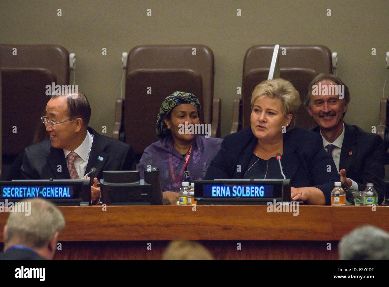 New York, United States. 25th Sep, 2015. Erna Solberg giving remarks during the special UNDP summit meeting, on the same day that the United Nations General Assembly, unanimously approved the Sustainable Development Goals. Credit:  Albin Lohr-Jones/Pacific Press/Alamy Live News Stock Photo
