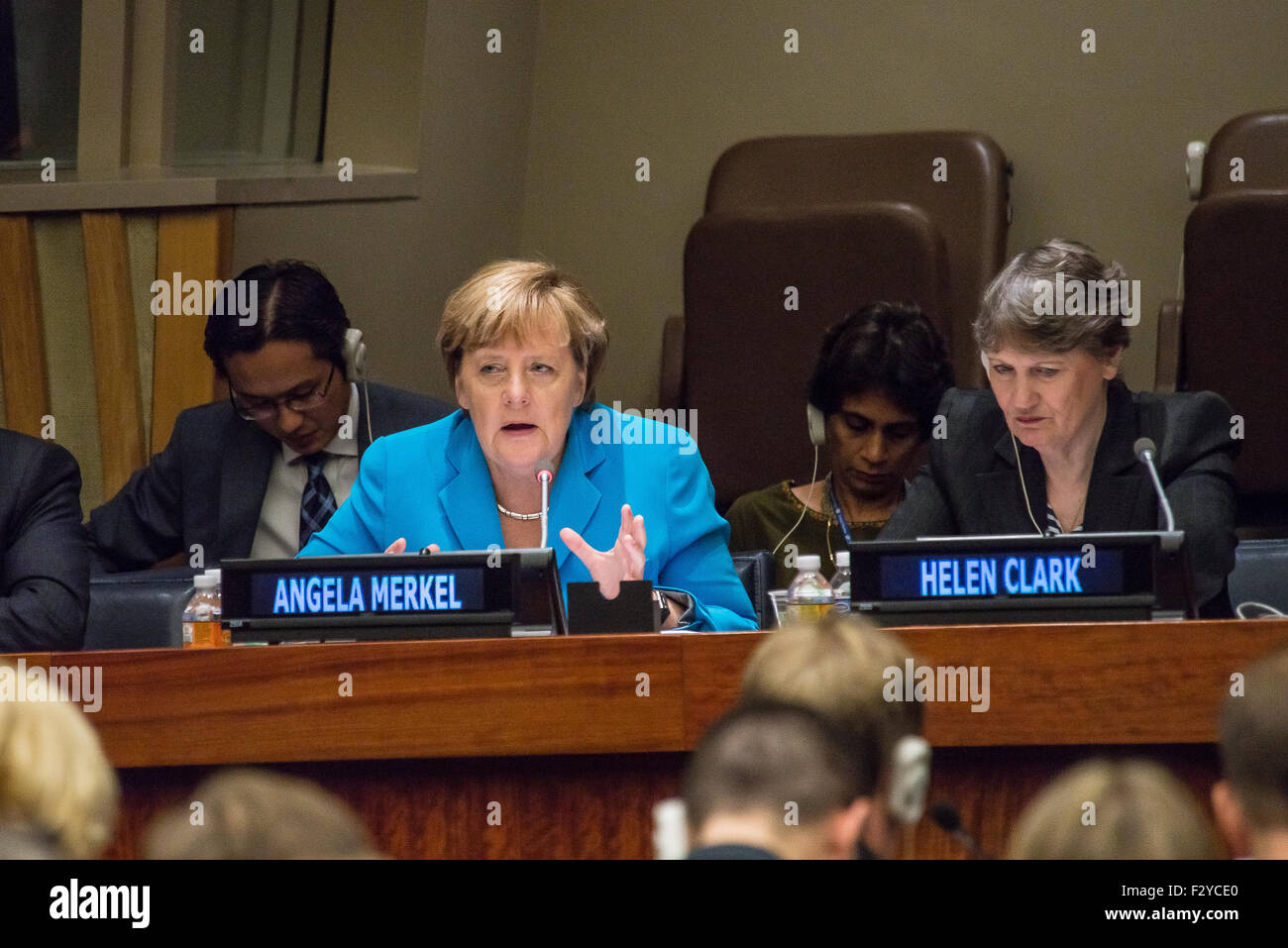New York, United States. 25th Sep, 2015. German Chancellor Angela Merkel giving remarks during the special UNDP summit meeting, on the same day that the United Nations General Assembly, unanimously approved the Sustainable Development Goals. Credit:  Albin Lohr-Jones/Pacific Press/Alamy Live News Stock Photo