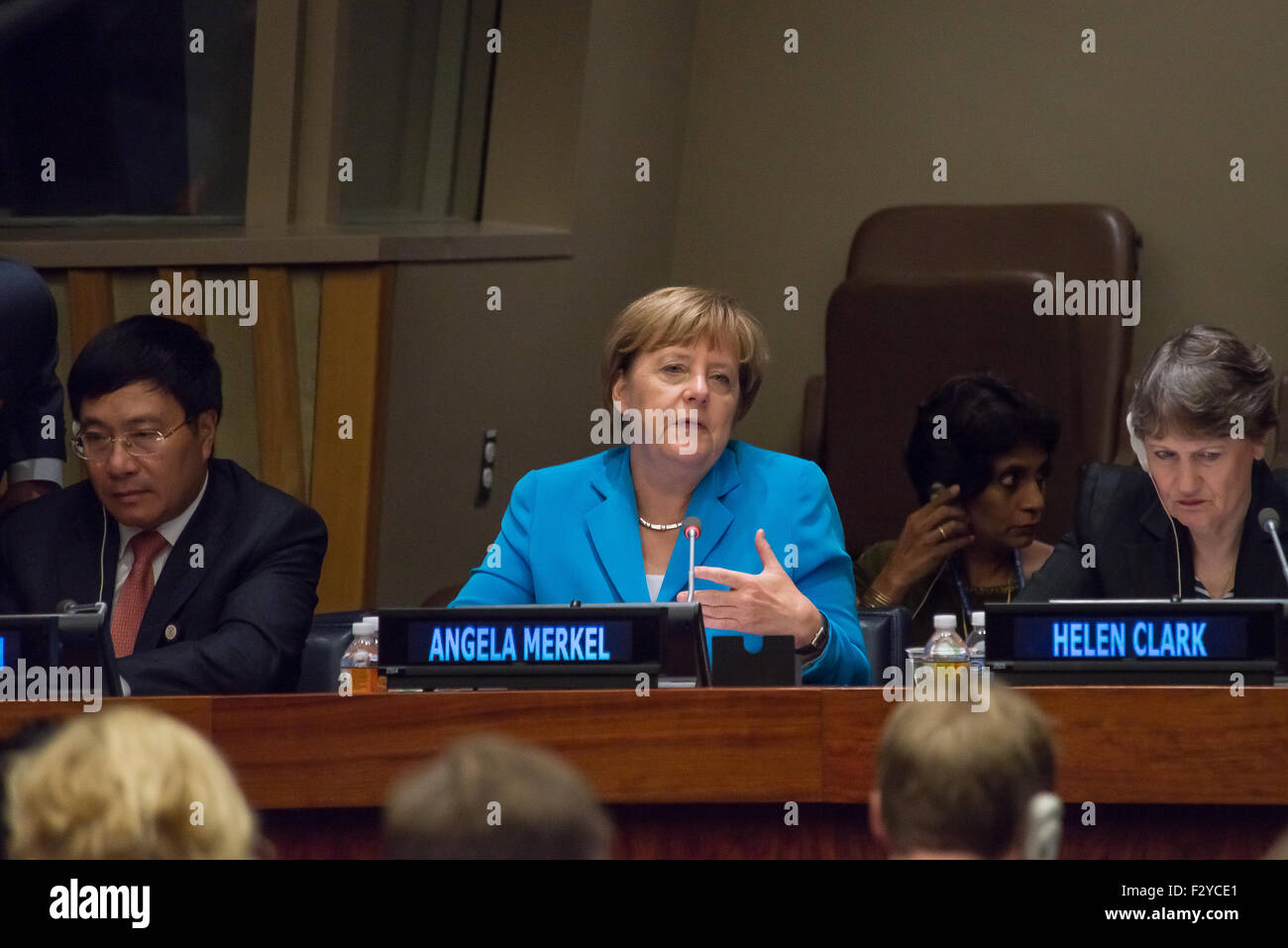 New York, United States. 25th Sep, 2015. German Chancellor Angela Merkel giving remarks during the special UNDP summit meeting, on the same day that the United Nations General Assembly, unanimously approved the Sustainable Development Goals. Credit:  Albin Lohr-Jones/Pacific Press/Alamy Live News Stock Photo