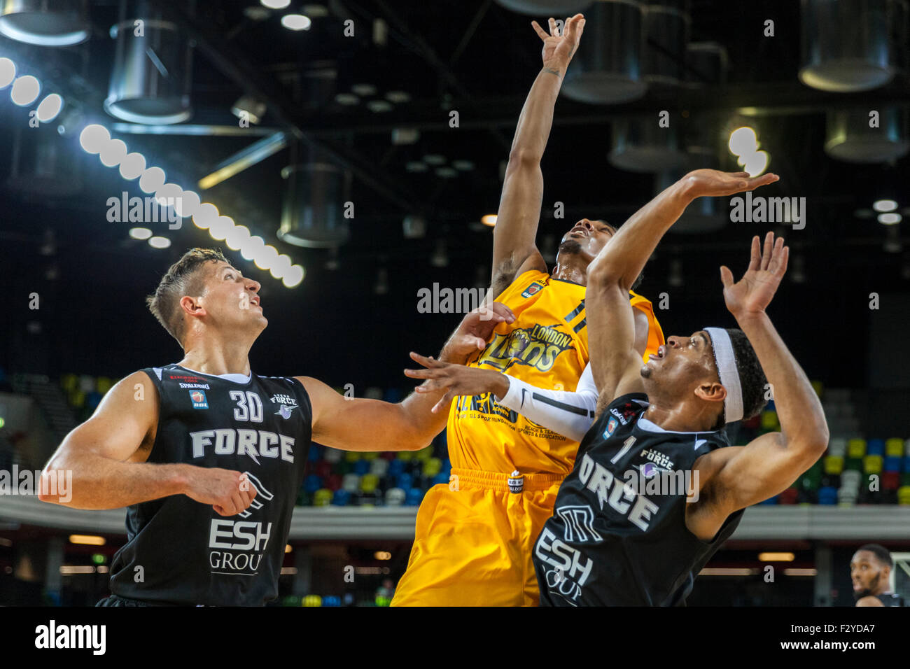 London, UK. 25th Sep, 2015. London, UK.26th September 2015. London Lions' Nick Lewis (m) aims for the basket during the London Lions vs. Leeds Force BBL game at the Copper Box Arena in the Olympic Park. London Lions win 99-60. Credit:  Imageplotter/Alamy Live News Stock Photo