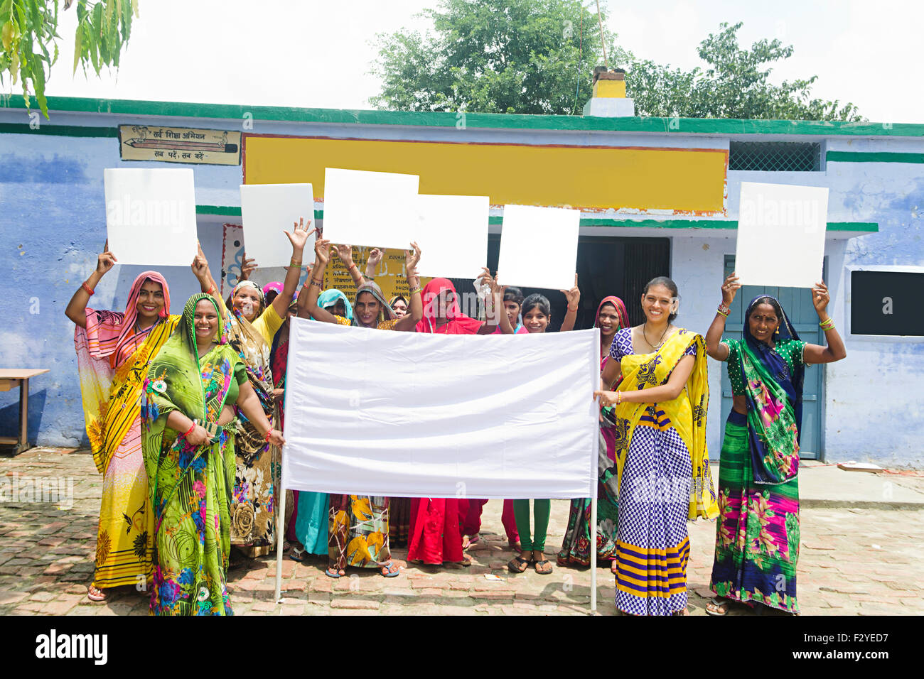 indian rural Villager group crowds Rural woman Rally Stock Photo