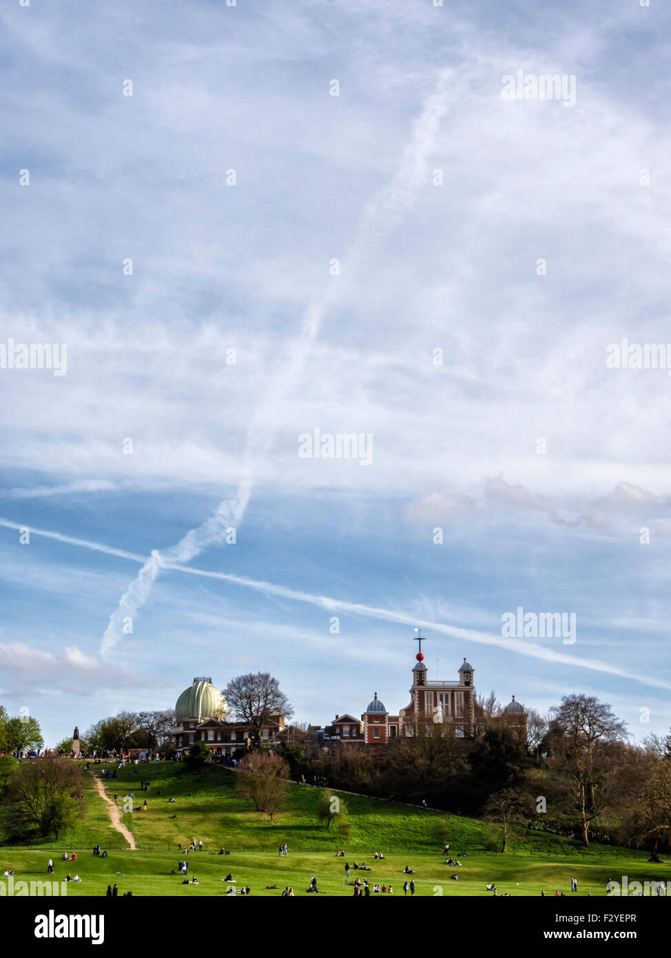 Landscape view of Royal Observatory and Planetarium site of Greenwich Mean Time in Greenwich Park, London Stock Photo