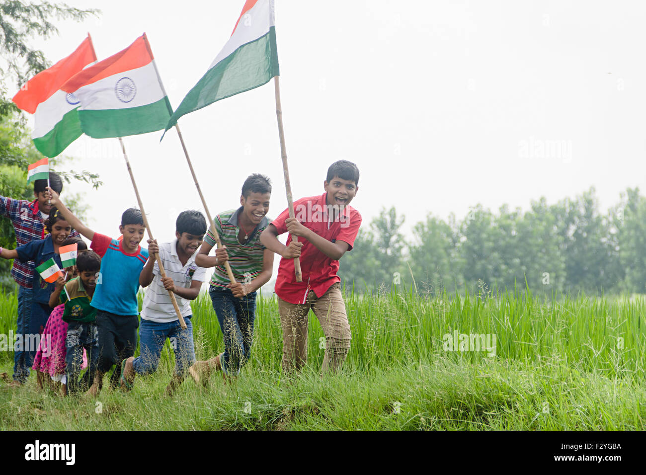 indian rural kids group crowds farm flag Fluttering Independence Day Stock Photo