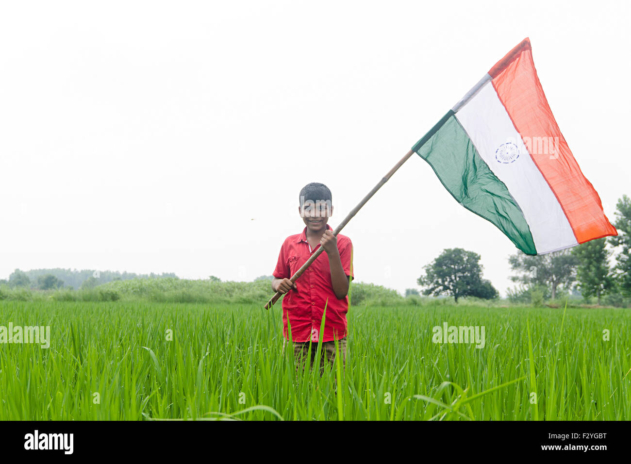 1 indian rural boy kids farm standing flag Independence Day Stock Photo