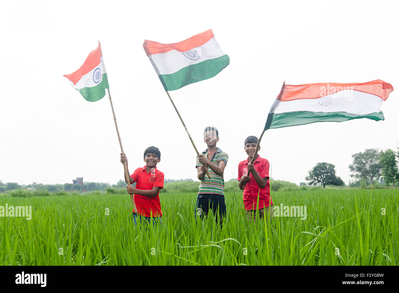 3 indian rural kids farm flag Fluttering Independence Day Stock Photo