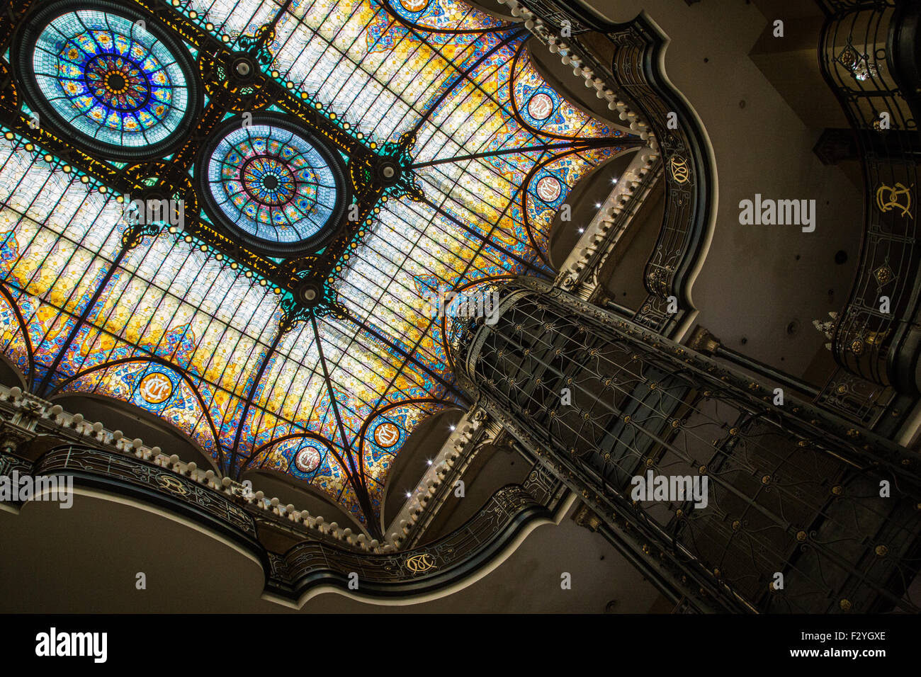 The stained glass roof of the Gran Hotel Ciudad de Mexico, in the Art Nouveau style Stock Photo