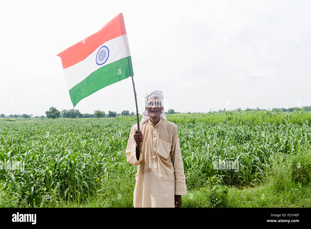 1 indian rural Senior farmer farm standing Flag Independence Day Stock ...