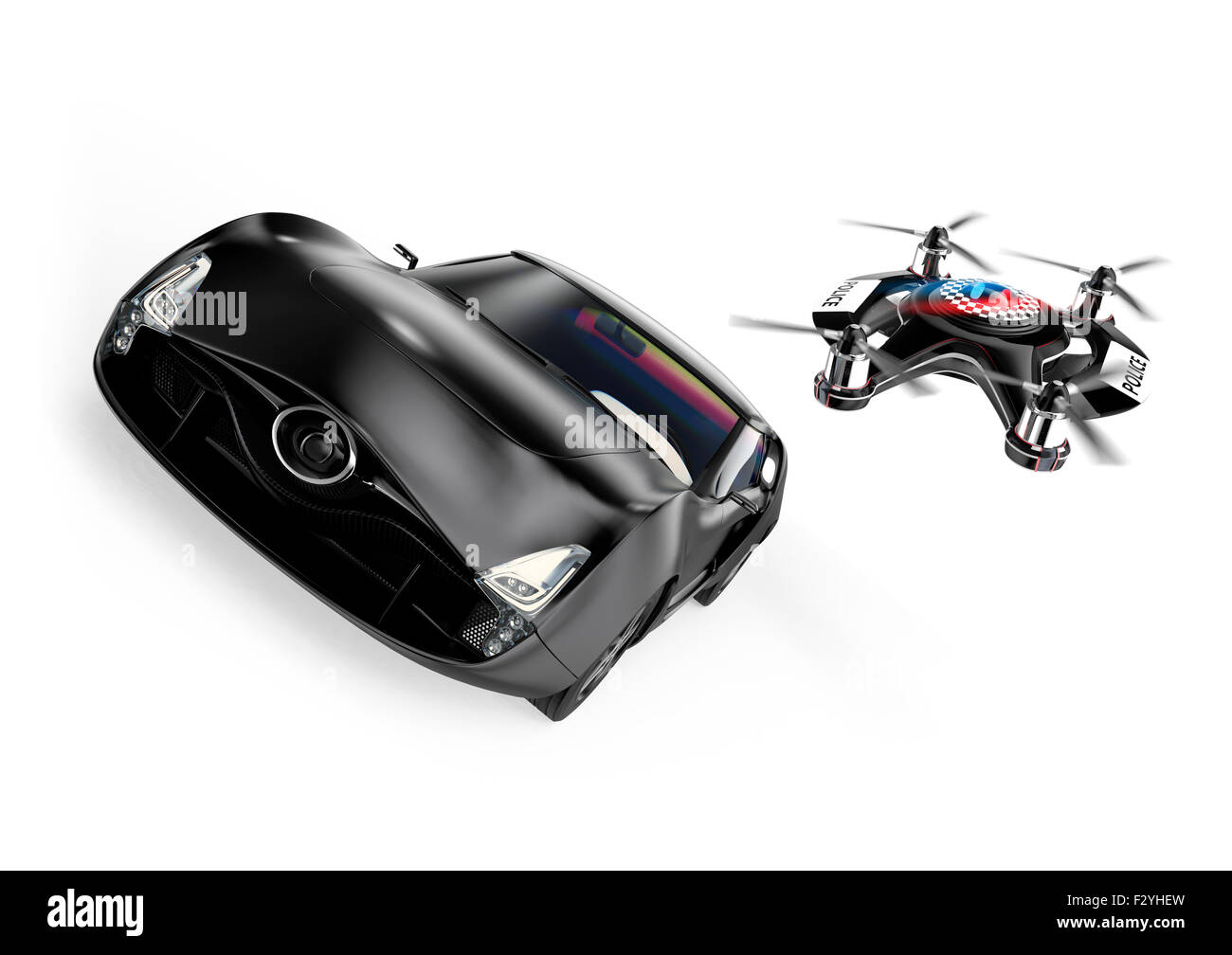 Police drone chasing black sports car for over speed. Stock Photo