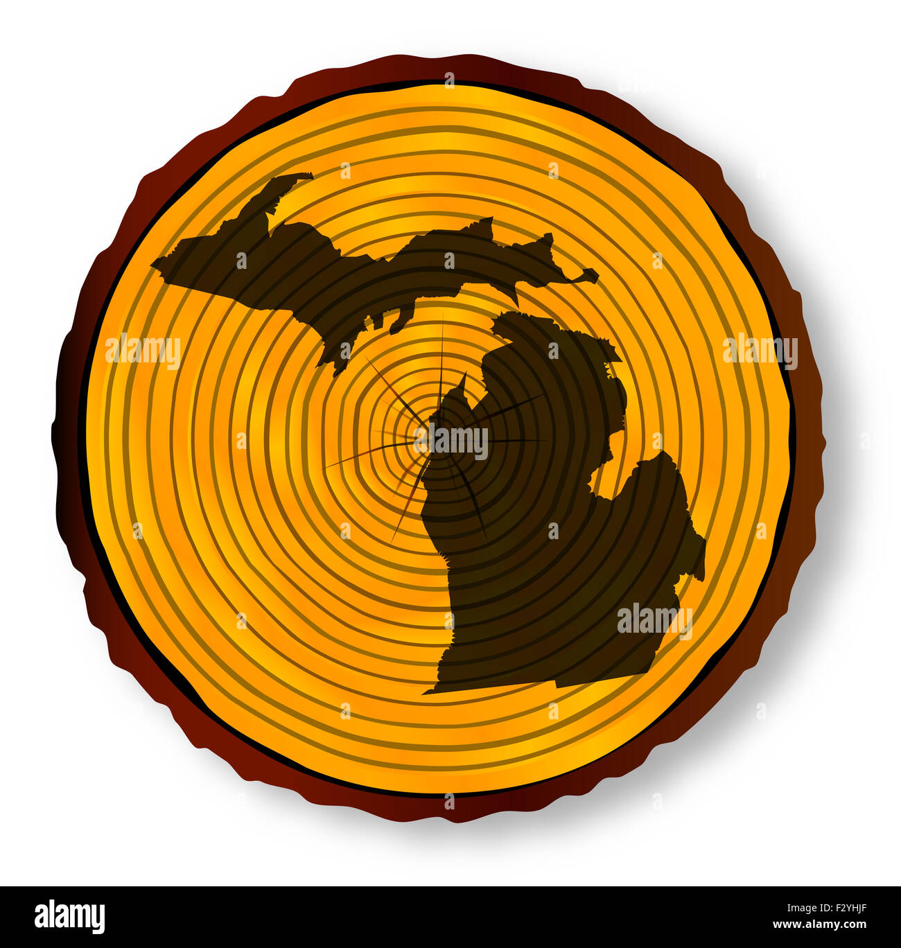 Map of Michigan on a timber end section over a white background Stock